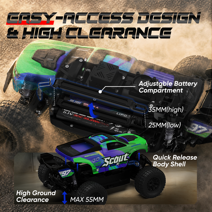 JIUSI SC10 1/10 RC Monster Truck - 50+mph Brushless 4WD Waterproof with 3S Battery RTR-1 battery