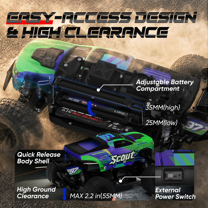JIUSI SC10 1/10 RC Monster Truck - 50+mph Brushless 4WD Waterproof with 3S Battery RTR-1 battery
