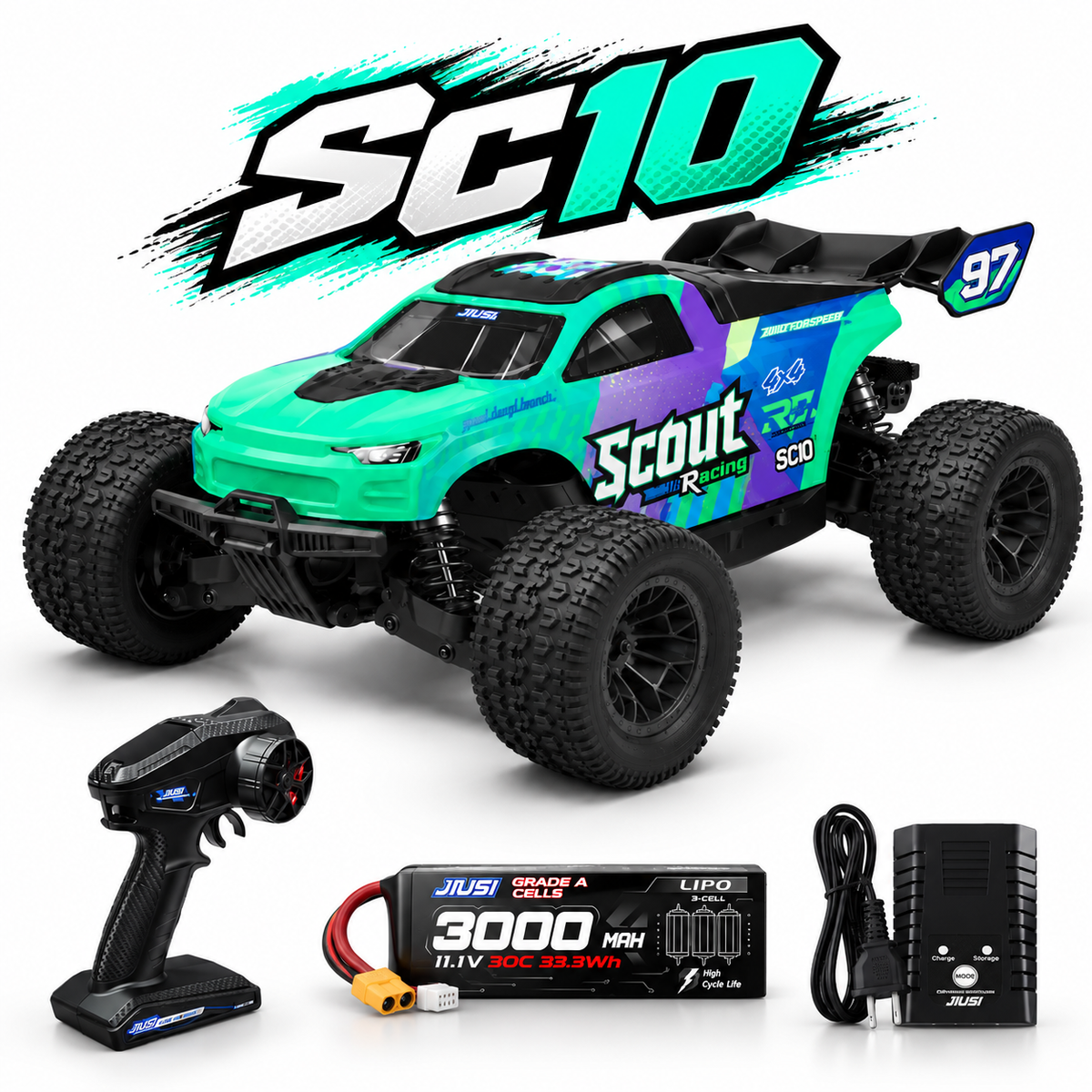 JIUSI SC10 1/10 RC Monster Truck - 50+mph Brushless 4WD Waterproof with 3S Battery RTR-1 Battery