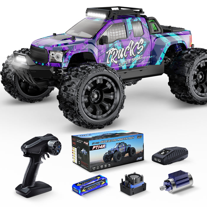 JIUSI PT14R 1/14 RC Monster Truck - 50mph Brushless 4WD Waterproof Remote Control Car with 3S Battery RTR