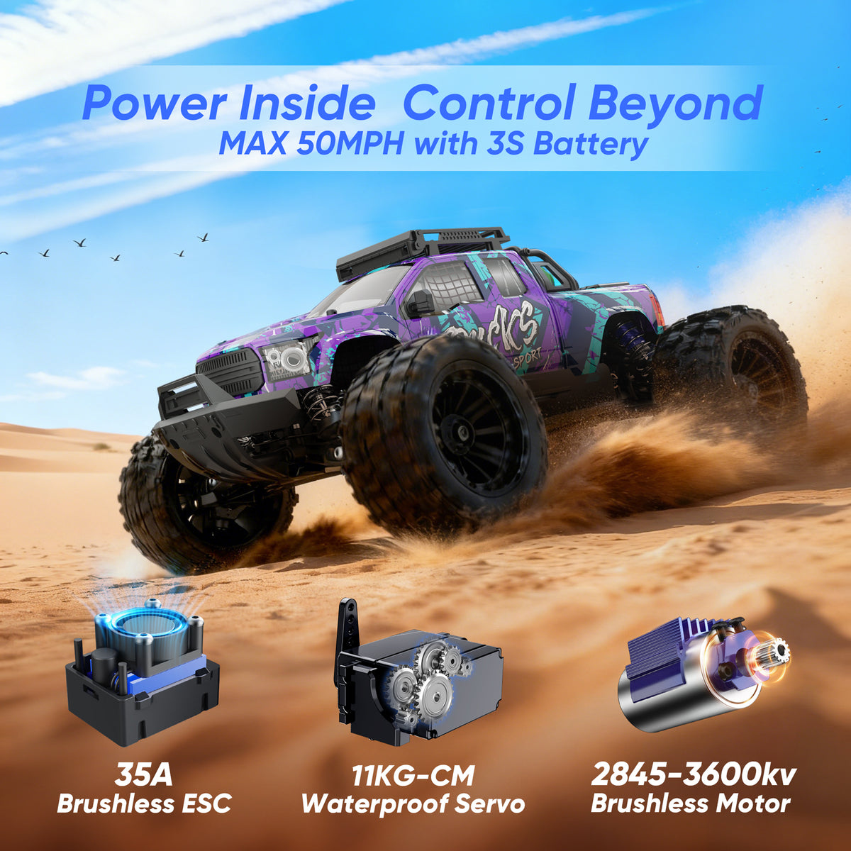 JIUSI PT14R 1/14 RC Monster Truck - 50mph Brushless 4WD Waterproof with 3S Battery RTR-2 Batteries