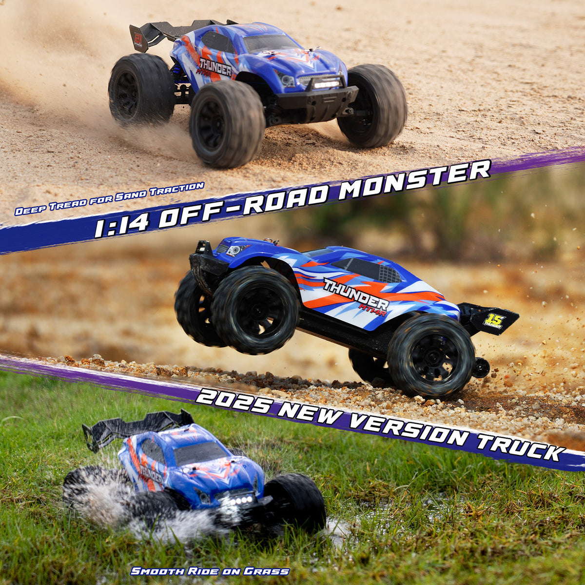JIUSI MT14R 1/14 RC Monster Truck - 50mph Brushless 4WD Waterproof with 3S Battery RTR-2 Batteries