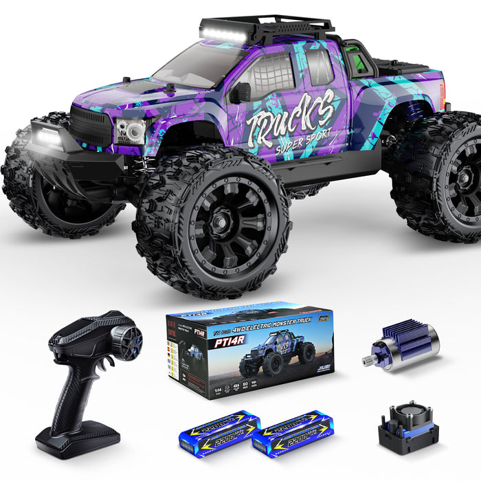 JIUSI PT14R 1/14 RC Monster Truck - 50mph Brushless 4WD Waterproof Remote Control Car with 3S Battery RTR