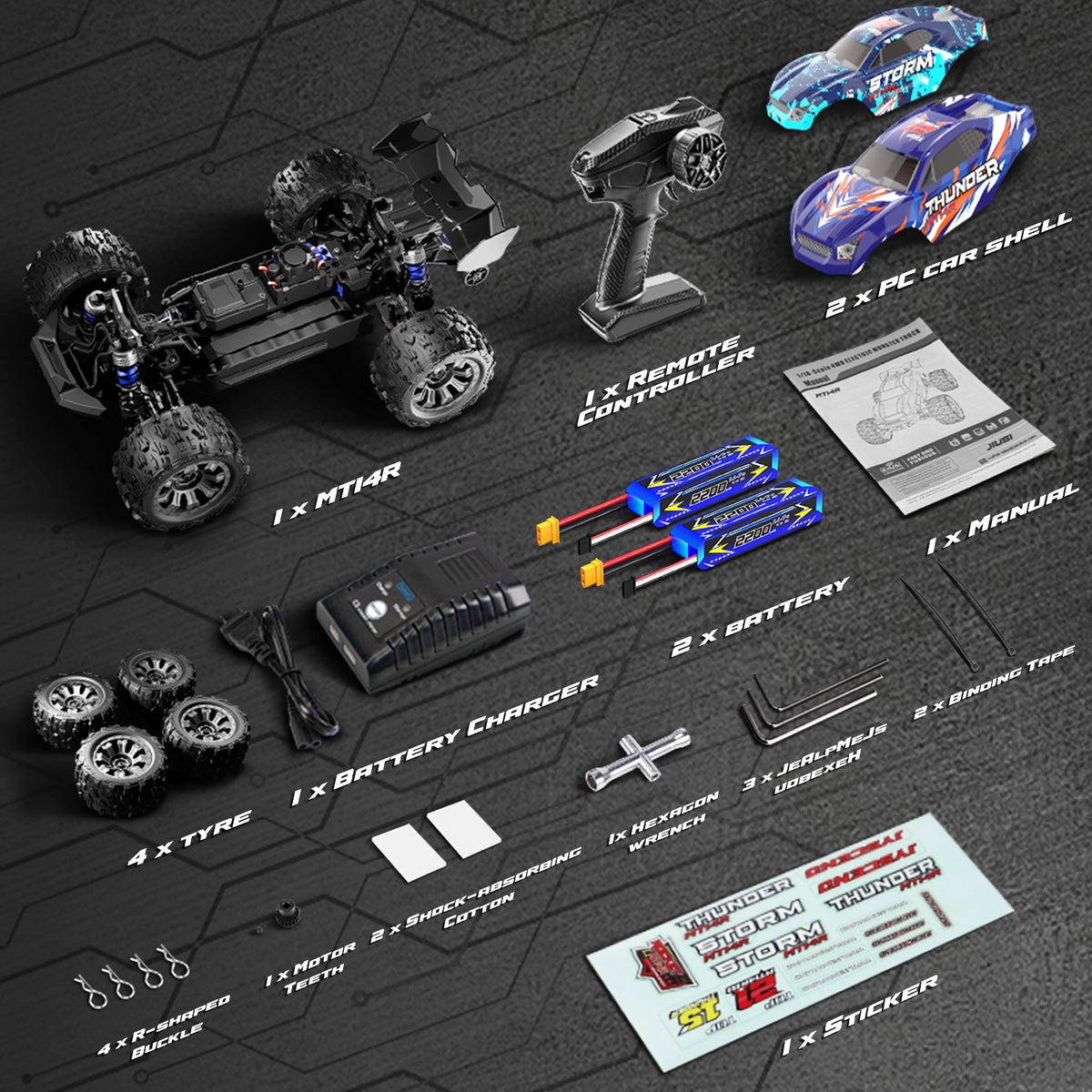 JIUSI MT14R 1/14 RC Monster Truck - 50mph Brushless 4WD Waterproof with 3S Battery RTR-2 Batteries