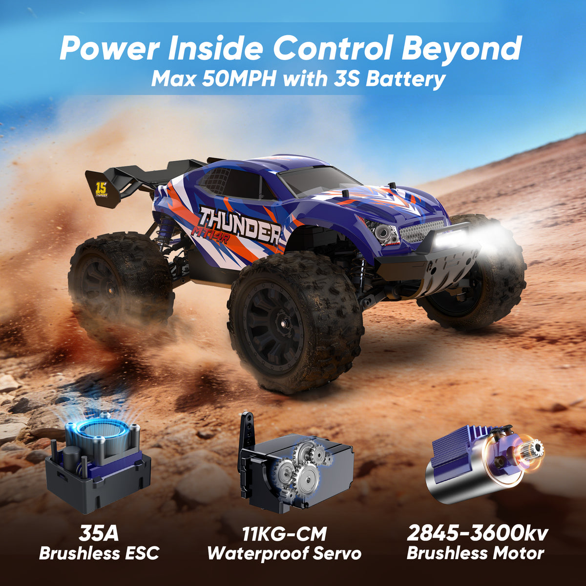 JIUSI MT14R 1/14 RC Monster Truck - 50mph Brushless 4WD Waterproof with 3S Battery RTR-2 Batteries
