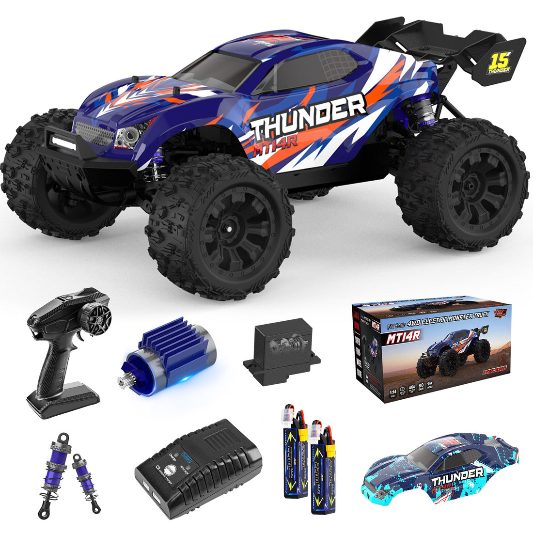JIUSI MT14R 1/14 RC Monster Truck - 50mph Brushless 4WD Waterproof with 3S Battery RTR-2 Batteries