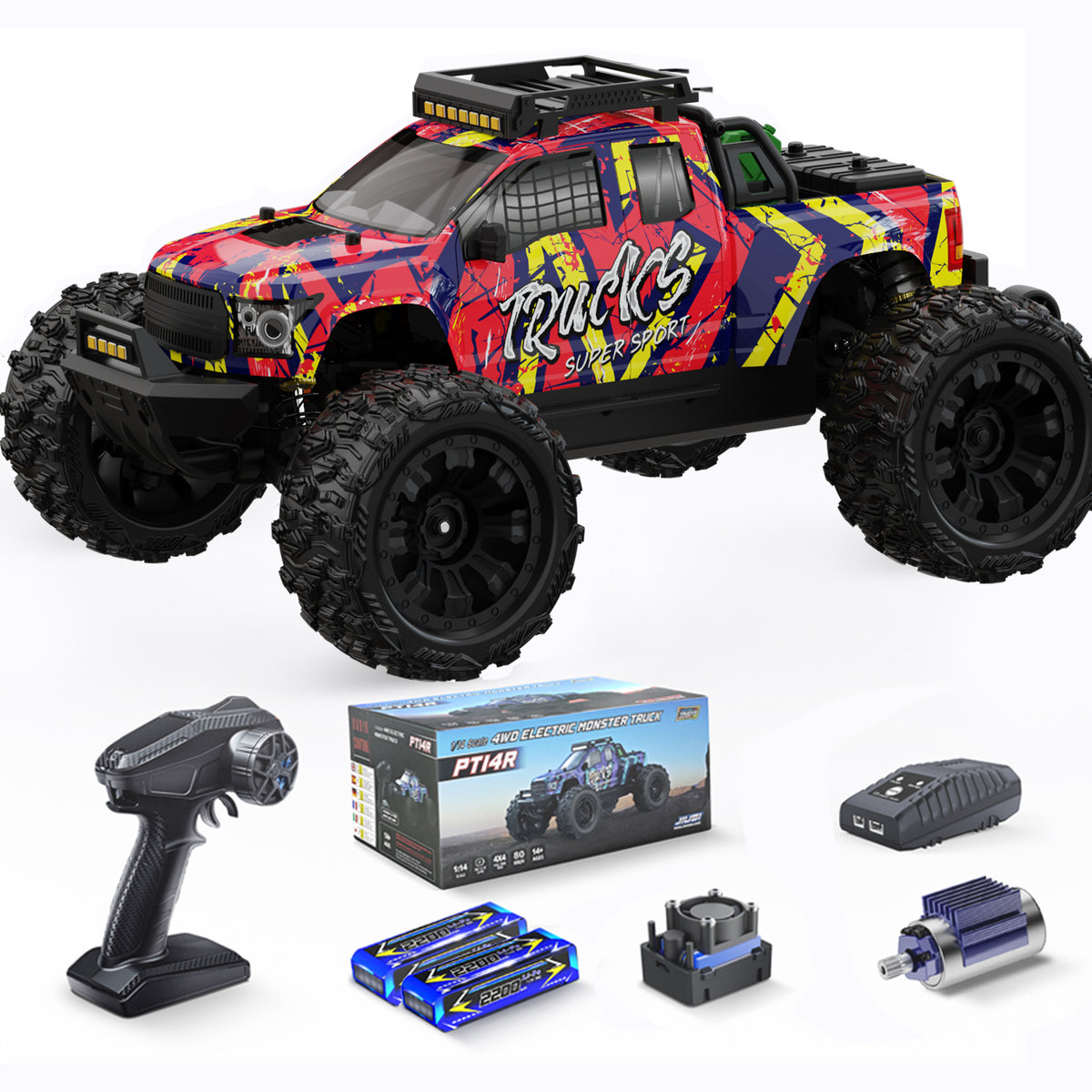 JIUSI PT14R 1/14 RC Monster Truck - 50mph Brushless 4WD Waterproof with 3S Battery RTR-2 Batteries