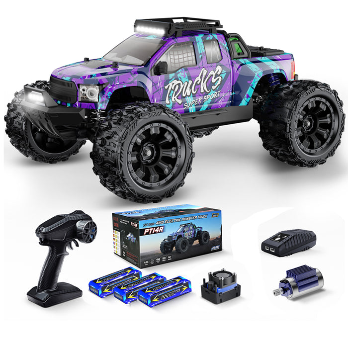 JIUSI PT14R 1/14 RC Monster Truck - 50mph Brushless 4WD Waterproof Remote Control Car with 3S Battery RTR-3 batteries
