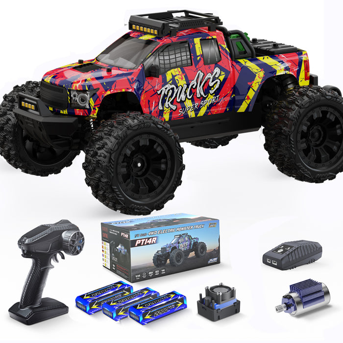 JIUSI PT14R 1/14 RC Monster Truck - 50mph Brushless 4WD Waterproof Remote Control Car with 3S Battery RTR-3 batteries
