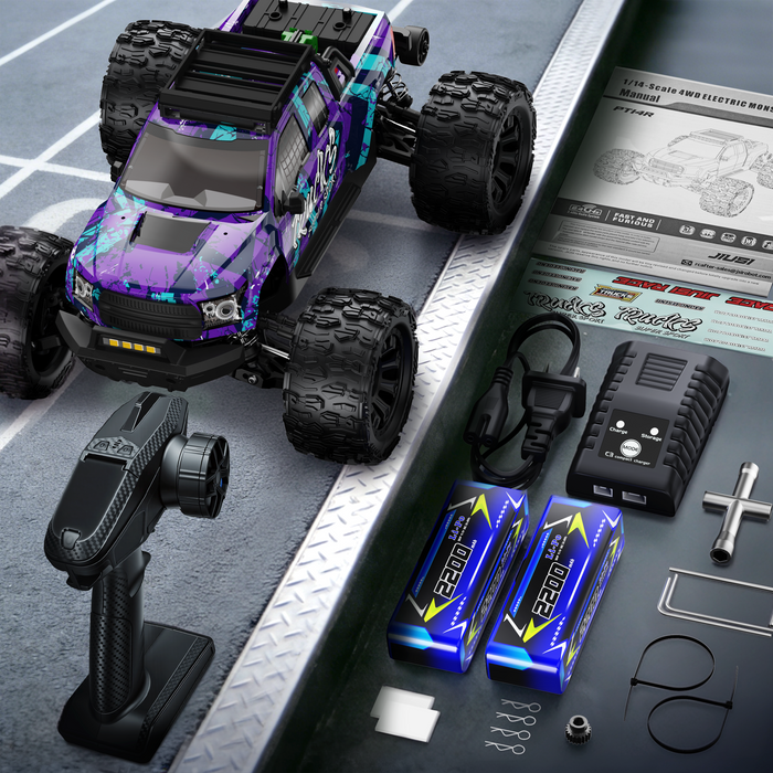JIUSI PT14R 1/14 RC Monster Truck - 50mph Brushless 4WD Waterproof Remote Control Car with 3S Battery RTR